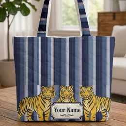 Three Majestic Tigers Blue Vertical Stripes Vintage Name Plaque - Wildlife Lover Gift Quilted Tote Bag