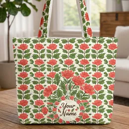 Coral Folk Art Floral Wreath Bouquet - Everyday Tote Thoughtful Gift for Her Quilted Tote Bag