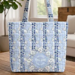 Bell Flowers Gingham Botanical Medallion Floral Wreath Leaves - Boho Lifestyle Quilted Tote Bag