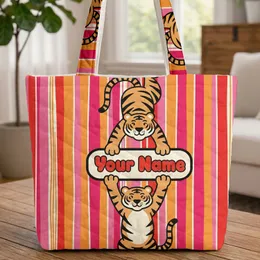 Playful Tigers Personalized Name Bold Stripes Vintage Plaque Animal Lover Gift Quilted Tote Bag