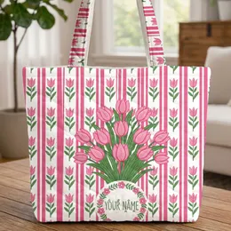 Pink Tulips Floral Bouquet Wreath Candy Stripes - Spring Accessory Quilted Tote Bag