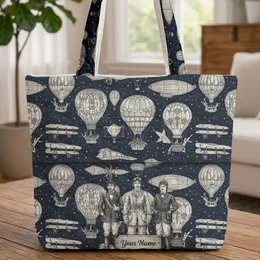 Fantastical Hot Air Balloon Biplane Aviator Figures - Adventure Lover Travel Essentials Gift Quilted Tote Bag