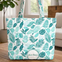 Tropical Leaves Palm Fronds Calligraphy Your Name Medallion - Boho Lifestyle Tote Quilted Tote Bag