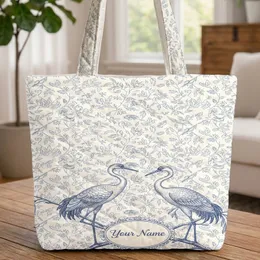 Toile de Jouy Crane Birds Willow Botanical Vines Small Birds - Everyday Tote Gift for Bird Lovers Quilted Tote Bag