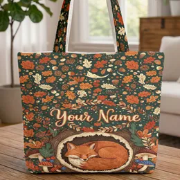 Sleeping Fox Tree Hollow Autumn Leaves Acorn Pinecone Wildlife Lover Gift Quilted Tote Bag