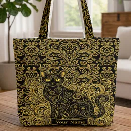 Black Cat Golden Botanical Flourish Scrolls - Everyday Use Cat Lover Gift Quilted Tote Bag