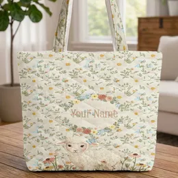 Fluffy Lamb Blue Butterfly Wildflower Meadow Daisy Floral Wreath - Nature Lover Everyday Gift Quilted Tote Bag