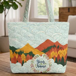 Autumn Mountain Cloudscape Personalized Name Wreath - Fall Season Gift for Nature Lover Quilted Tote Bag