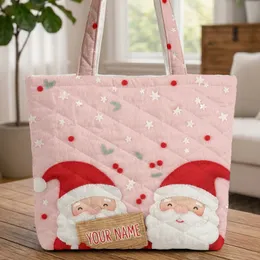 Felt Santa Claus Figures Wooden Sign Christmas Holiday Gift Stars and Berries Quilted Tote Bag