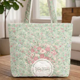 Wildflower Leaf Bouquet Name Wreath - Children's Everyday Carryall Gift Quilted Tote Bag