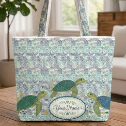 Sea Turtles Swirling Waves Bubbles Heart Leaf Medallion Your Name - Ocean Life Gift Quilted Tote Bag