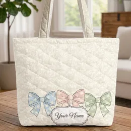 Cream White Palm Frond Name Plaque Light Blue Pink Green Floral Bows - Everyday Use Gift Quilted Tote Bag