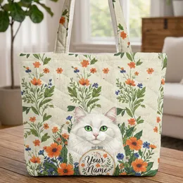 Cat Wildflowers Scrolling Floral Personalized Hoop - Everyday Gift for Cat Lover Quilted Tote Bag