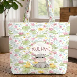 Baby Hippo Duckling Water Lily Wildflower Dragonflies - Nature Lover Gift Quilted Tote Bag