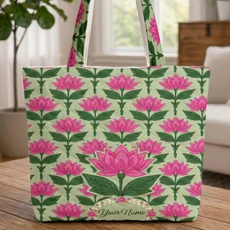 Botanical Ornate Lotus Bloom Green Foliage Floral Wreath Lotus Flowers Background Everyday Essentials Quilted Tote Bag