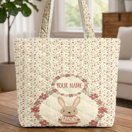 Cartoon Bunny Red Tunic Floral Wreath Ditsy Buds Leaves - Kids Birthday Gift Quilted Tote Bag