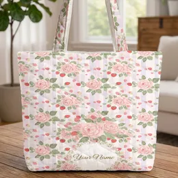 Pink Roses Strawberries Floral Wreath Your Name - Everyday Gift Quilted Tote Bag