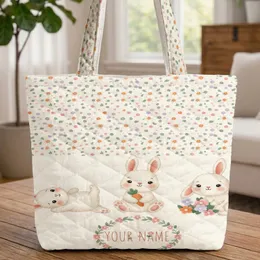 Your Name Felt Bunnies Floral Wreath Daisy Polka Dot - Everyday Carry Gift Quilted Tote Bag