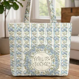 Ornate Floral Wreath Name Blue Flower Sage Leaf - Everyday Carry Gift Quilted Tote Bag