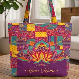 Indian Medallion Lotus Paisley Floral Patchwork - Everyday Boho Lifestyle Quilted Tote Bag