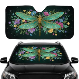 Golden Teal Dragonfly Botanical Flowers - Wildlife Lover Home Decor Gift Car Sunshade