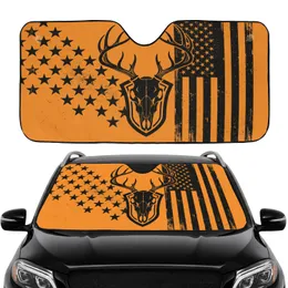 Deer Skull Intricate Antlers American Flag Distressed - American Heritage Patriotic Gift Car Sunshade