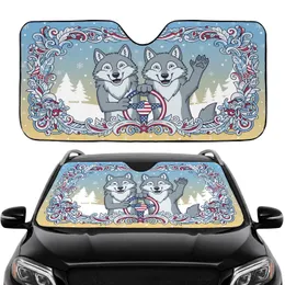 Two Friendly Gray Wolves American Flag Winter - Patriotic Wildlife Car Decor Car Sunshade