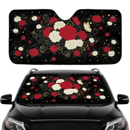 Black Background Crimson Roses White Camellia Butterflies Gold - Home Decor Gift Car Sunshade
