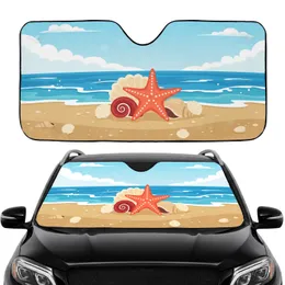 Orange Starfish Seashells Sandy Beach Ocean Waves Clouds - Beach Lover Gift Car Sunshade