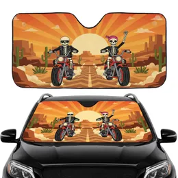 Cartoon Skeleton Bikers Desert Sunset Landscape Adventure Lover Travel Gift Car Sunshade