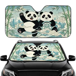 Waving Panda Driving Bamboo City Silhouette - Wildlife Lover Everyday Auto Decor Gift Car Sunshade