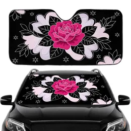 Fuchsia Pink Rose Black Leaves Stars Deep Black Background Everyday Car Interior Car Sunshade