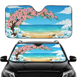Pink Blossoms Ocean Waves Sandy Beach - Beach Lovers Gift Car Sunshade