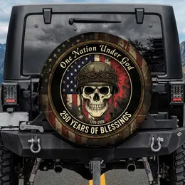 Skull Military Helmet Distressed American Flag 1776-2026 - USA 250th Anniversary Veterans Spare Tire Cover