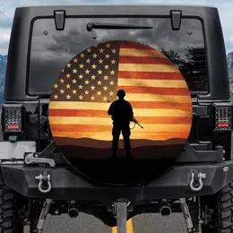 Silhouetted Soldier American Flag Sunset - Patriotic Home Decor Gift for Veterans Spare Tire Cover