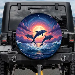 Majestic Dolphins Vibrant Ocean Waves Full Moon Starry Sky - Ocean Lover Gift Spare Tire Cover