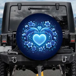 Blue Dolphins Glowing Heart Blue Flowers - Ocean Lover Gift Spare Tire Cover
