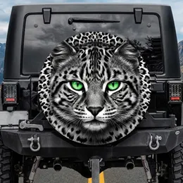 Vertical Pupils Emerald Green Cat Eyes Jet Black White Leopard Fur - Wildlife Lover Gift Spare Tire Cover