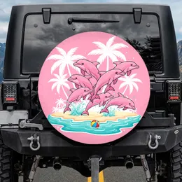 Pink Dolphins Palm Trees Turquoise Ocean Beach - Ocean Lover Gift Spare Tire Cover