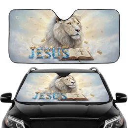 White Lion Jesus Bible Jeweled Cross Golden Crowns - Christian Devotion Gift Car Sunshade