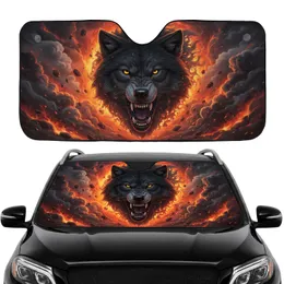 Snarling Black Wolf Head Glowing Yellow Eyes Fiery Smoke - Wildlife Lover Gift Car Sunshade
