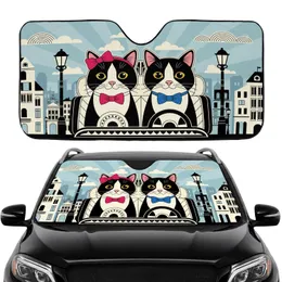 Tuxedo Cats Fuchsia Bow Royal Blue Bow Cityscape - Cat Lover Home Decor Gift Car Sunshade