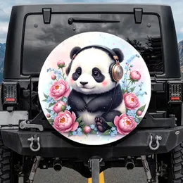 Baby Panda Golden Headphones Pink Peony Blue Flowers - Home Decor Gift for Panda Lover Spare Tire Cover
