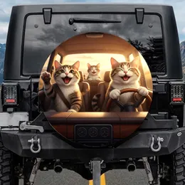 Smiling Tabby Cats Driving Adventure Sunset Road Trip - Cat Lover Gift Spare Tire Cover