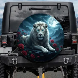 Regal White Lion Blue Eyes Crimson Roses Full Moon Mountains - Wildlife Lover Gift Spare Tire Cover