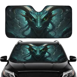 Ancient Dragon Face Glowing Teal Green Eyes Bone Horns - Fantasy Lover Car Decor Gift Car Sunshade