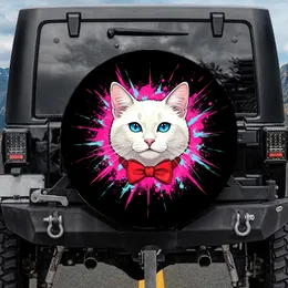 White Cat Blue Eyes Red Bow Tie Neon Pink Cyan Splatter Black Background - Cat Lover Gift Spare Tire Cover