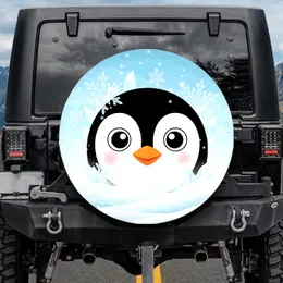 Penguin Face Prominent Wide White Eyes Geometric Snowflakes Arctic Snowdrifts - Penguin Lover Spare Tire Cover