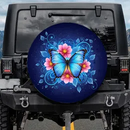 Blue Morpho Butterfly Pink Flowers Swirling Leaves - Wildlife Lover Home Decor Gift Spare Tire Cover