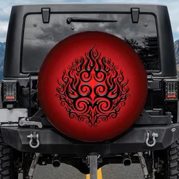 Interwoven Black Tribal Flame Swirls Crimson Red Background - Car Enthusiast Gift Spare Tire Cover